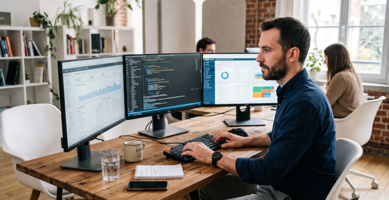 Spécialiste SEO travaillant sur l'optimisation d'un site web avec plusieurs écrans affichant du code, des analytics et des métriques de performance dans un bureau moderne