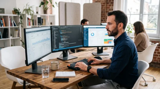 Spécialiste SEO travaillant sur l'optimisation d'un site web avec plusieurs écrans affichant du code, des analytics et des métriques de performance dans un bureau moderne