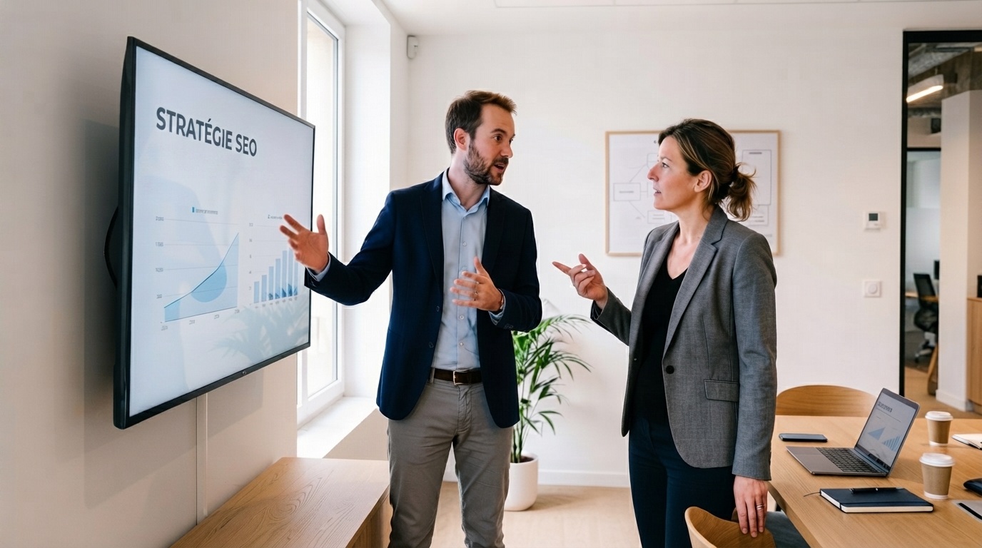 Consultant SEO présentant une stratégie à une dirigeante d'entreprise lors d'une consultation professionnelle dans un espace de réunion moderne
