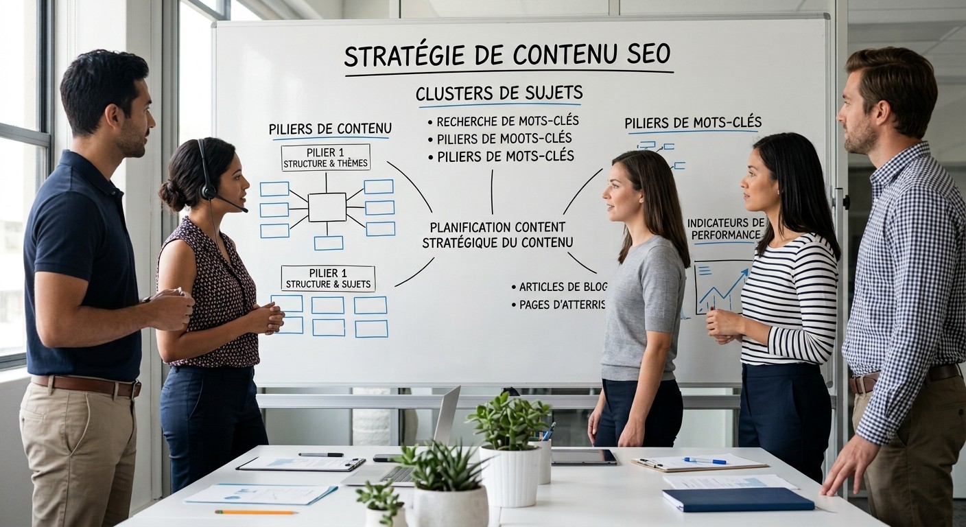 Stratège de contenu planifiant une stratégie éditoriale SEO sur un tableau blanc dans un espace de travail collaboratif moderne